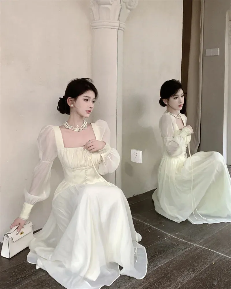 Girlary New Women Lantern Sleeve Beach Holiday Dress French Elegant Fashion Fairy Long Dresses Female Party Vestidos Robes Summer