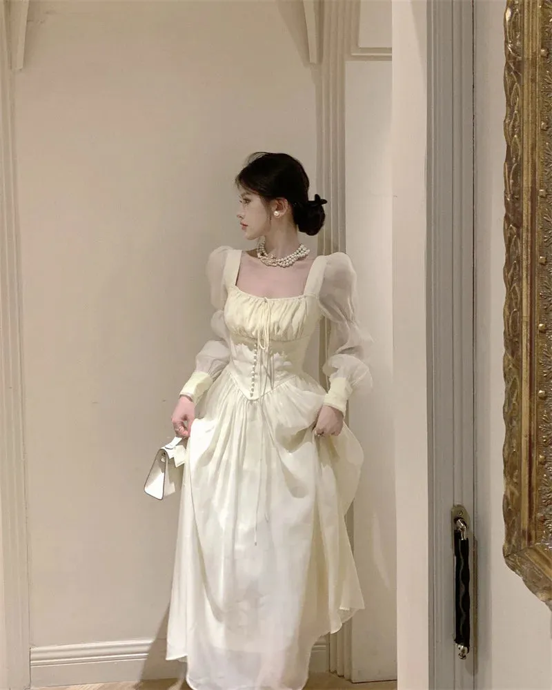 Girlary New Women Lantern Sleeve Beach Holiday Dress French Elegant Fashion Fairy Long Dresses Female Party Vestidos Robes Summer