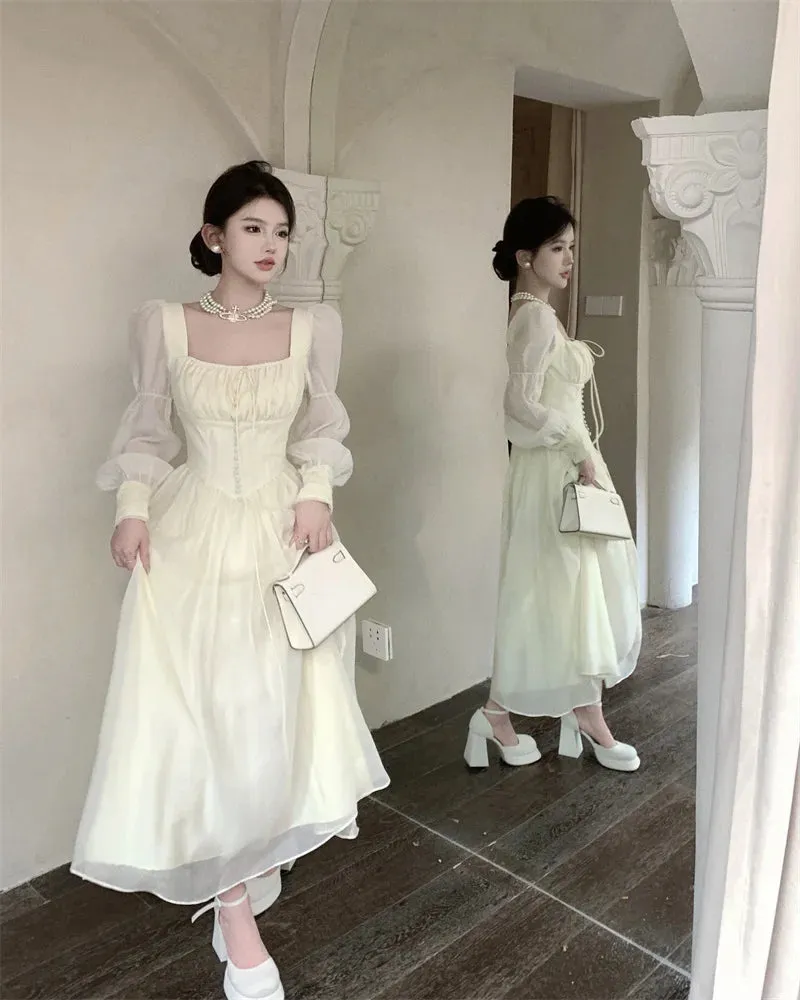 Girlary New Women Lantern Sleeve Beach Holiday Dress French Elegant Fashion Fairy Long Dresses Female Party Vestidos Robes Summer