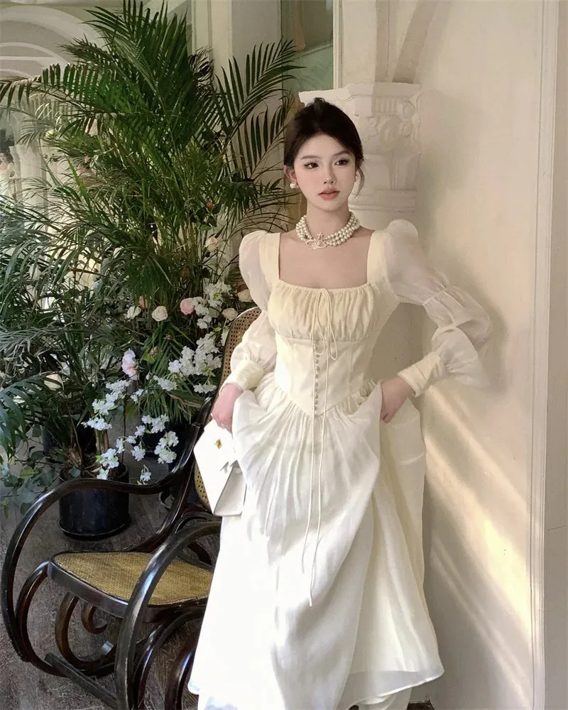 Girlary New Women Lantern Sleeve Beach Holiday Dress French Elegant Fashion Fairy Long Dresses Female Party Vestidos Robes Summer
