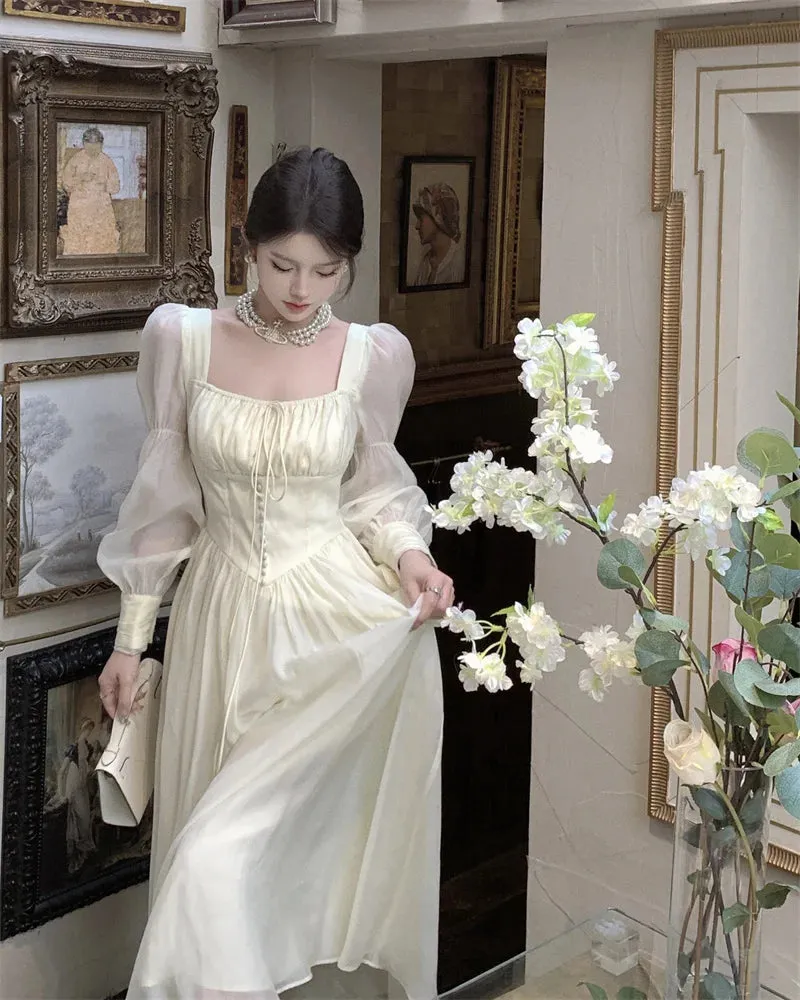 Girlary New Women Lantern Sleeve Beach Holiday Dress French Elegant Fashion Fairy Long Dresses Female Party Vestidos Robes Summer