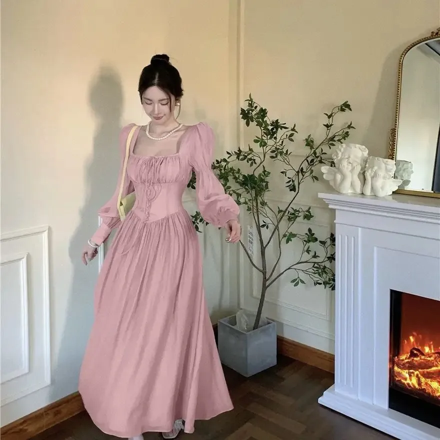 Girlary New Women Lantern Sleeve Beach Holiday Dress French Elegant Fashion Fairy Long Dresses Female Party Vestidos Robes Summer