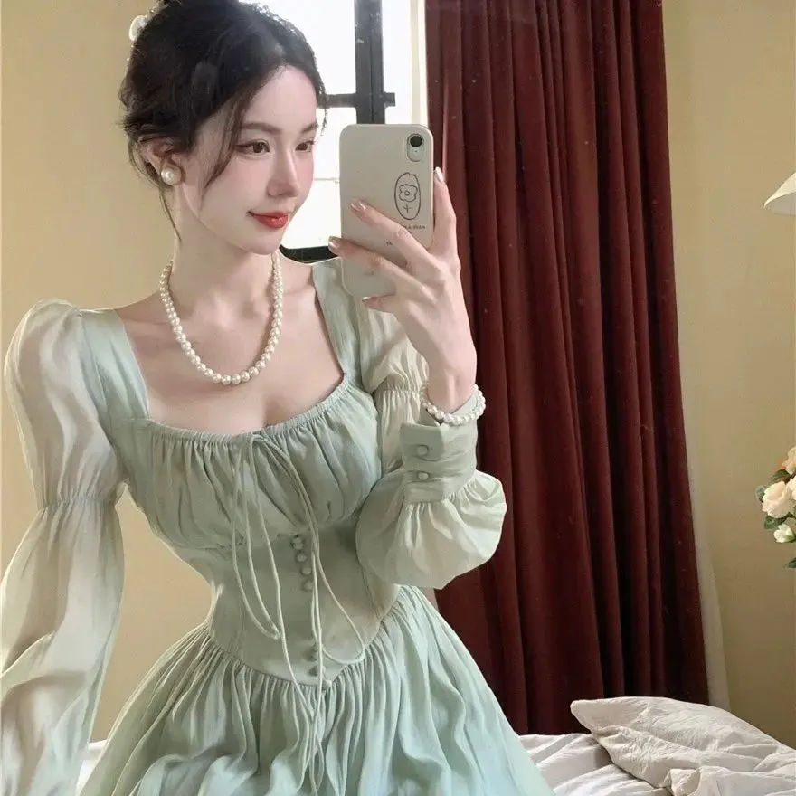 Girlary New Women Lantern Sleeve Beach Holiday Dress French Elegant Fashion Fairy Long Dresses Female Party Vestidos Robes Summer