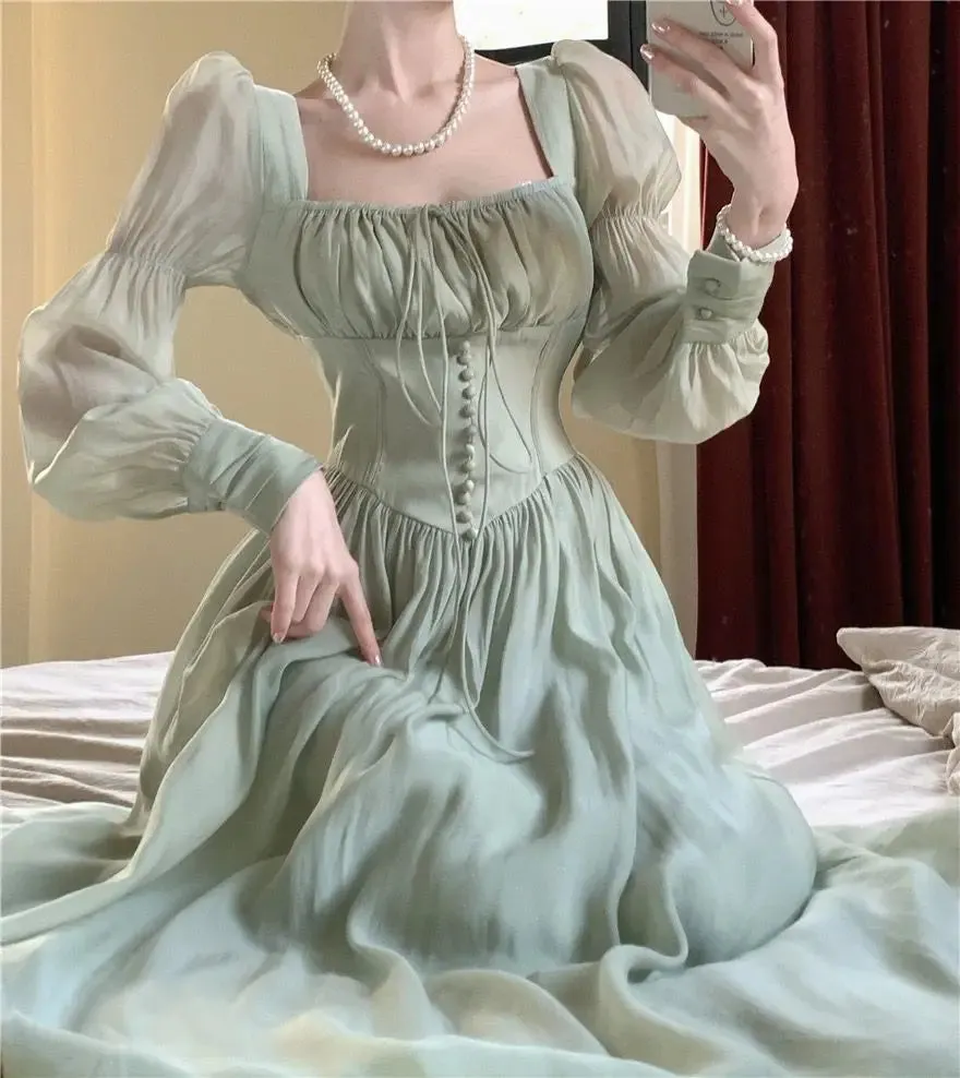 Girlary New Women Lantern Sleeve Beach Holiday Dress French Elegant Fashion Fairy Long Dresses Female Party Vestidos Robes Summer