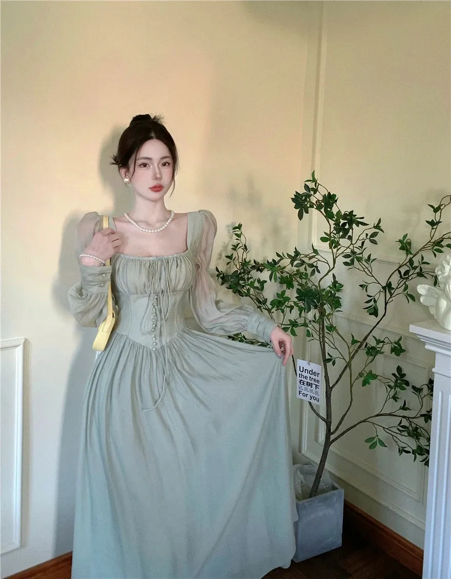 Girlary New Women Lantern Sleeve Beach Holiday Dress French Elegant Fashion Fairy Long Dresses Female Party Vestidos Robes Summer