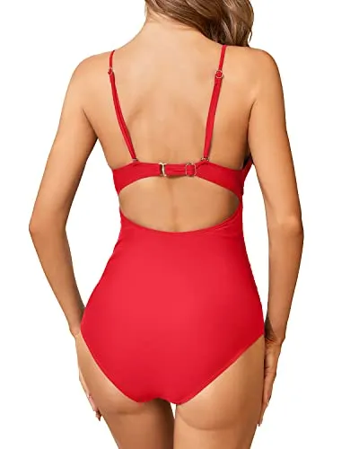 Halter Women's One Piece Swimsuit Tummy Control High Neck Halter Swimwear-Red