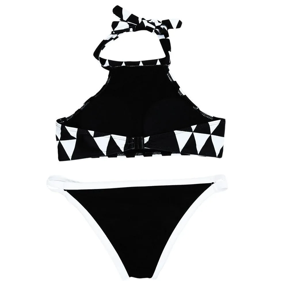 High neck Padded Geometric Print Halter Bikini set
