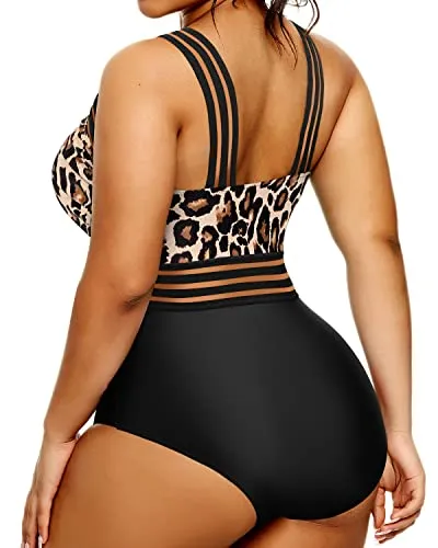 High Waist Full Coverage Monokini Swimsuits For Women Plus Size Swimming Suits-Black And Leopard