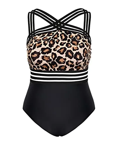 High Waist Full Coverage Monokini Swimsuits For Women Plus Size Swimming Suits-Black And Leopard