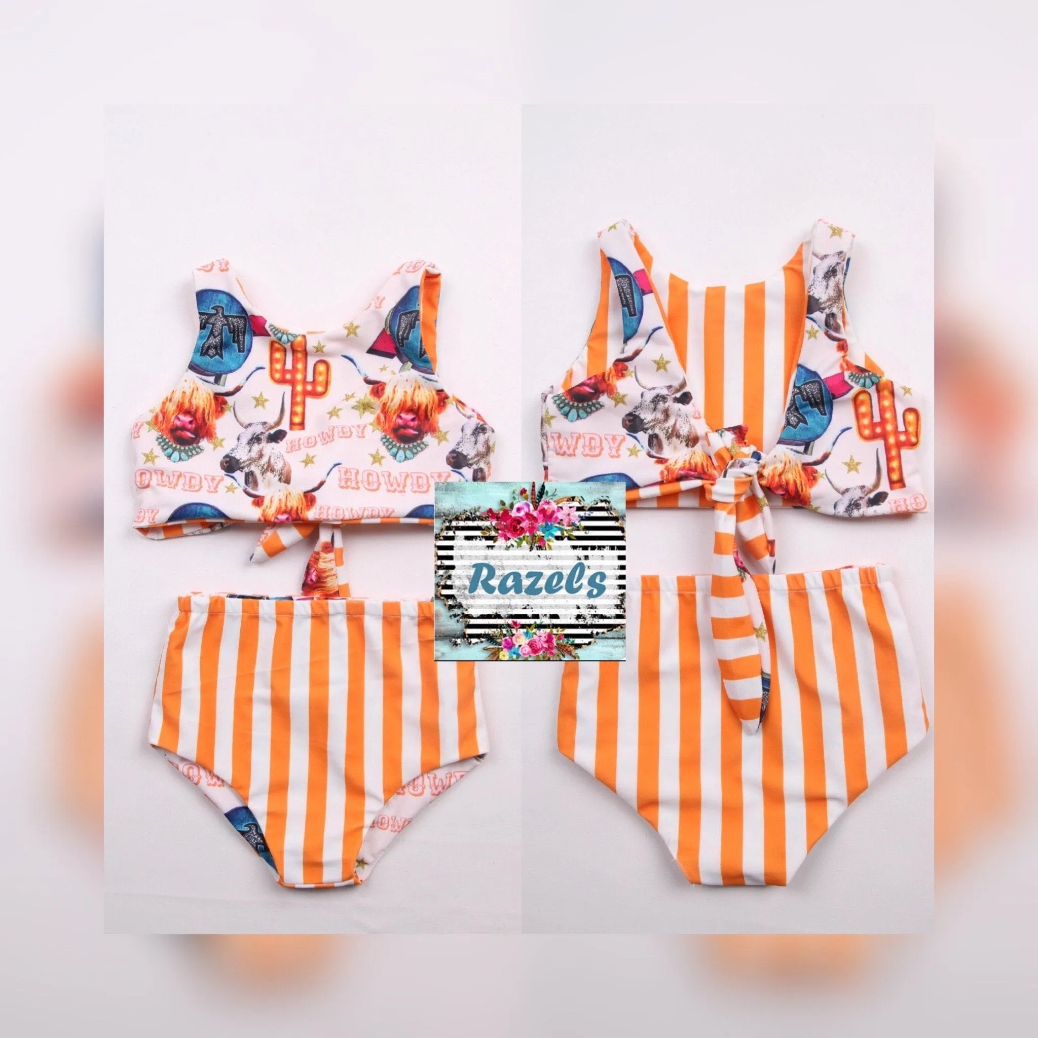 Highland Cow HIGH WAISTED REVERSIBLE Swimsuit, Cow Girl Swimming Suit