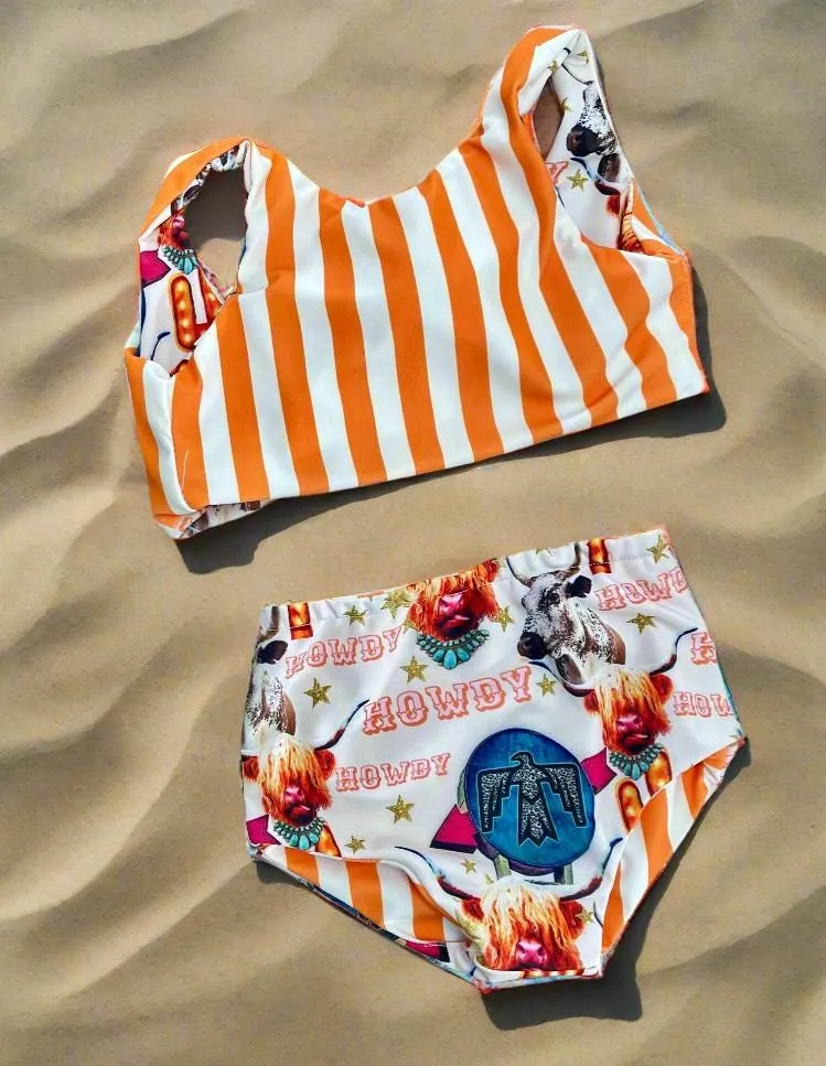 Highland Cow HIGH WAISTED REVERSIBLE Swimsuit, Cow Girl Swimming Suit