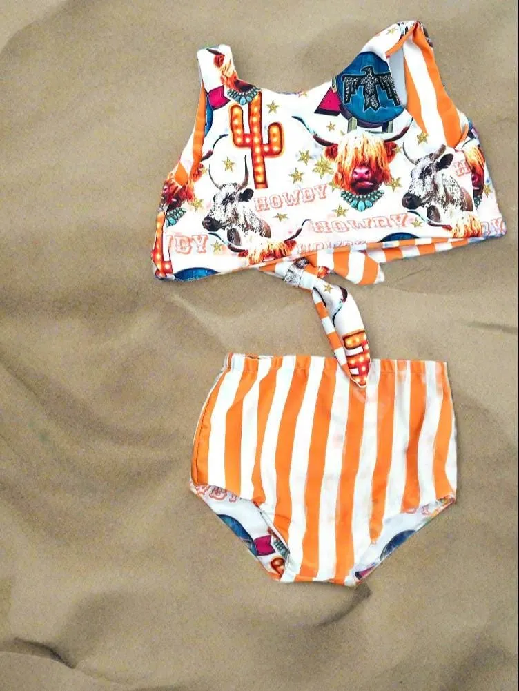 Highland Cow HIGH WAISTED REVERSIBLE Swimsuit, Cow Girl Swimming Suit