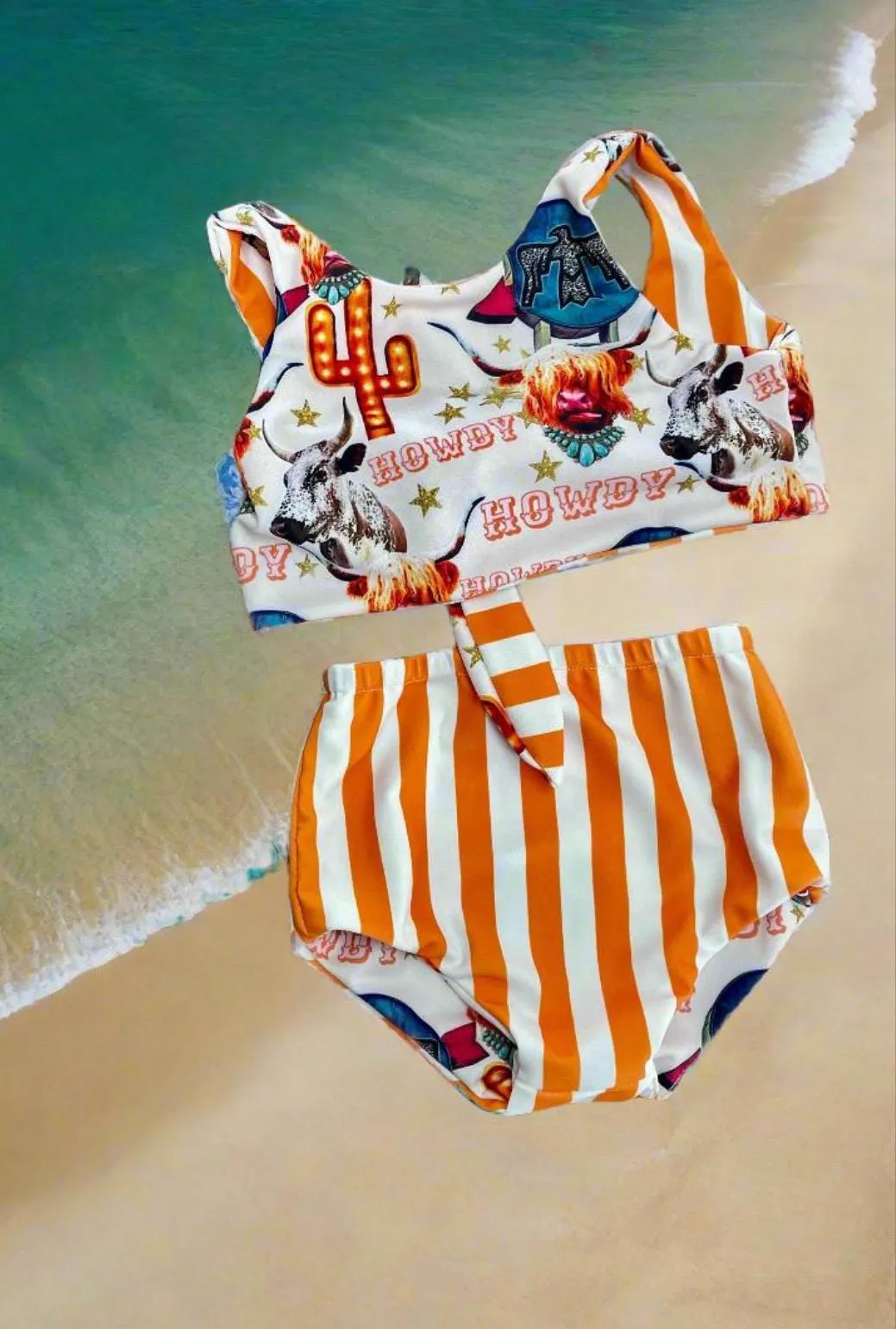 Highland Cow HIGH WAISTED REVERSIBLE Swimsuit, Cow Girl Swimming Suit