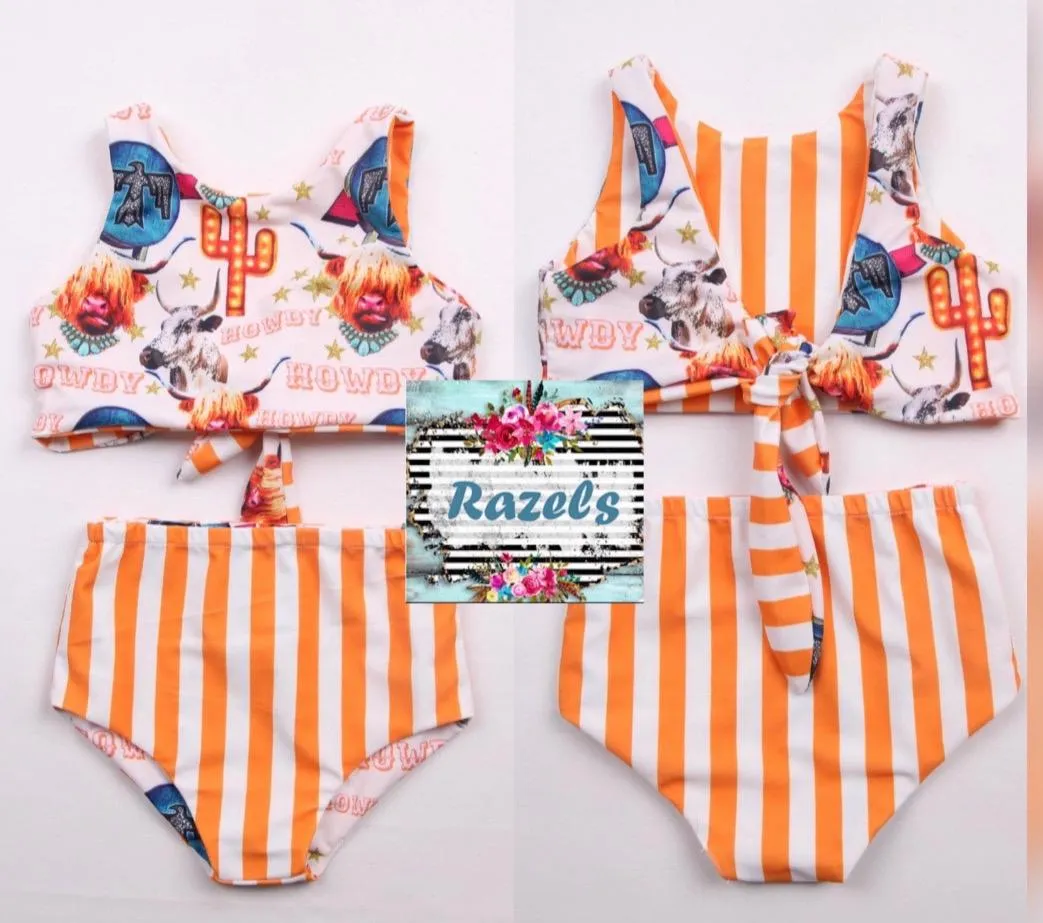 Highland Cow HIGH WAISTED REVERSIBLE Swimsuit, Cow Girl Swimming Suit
