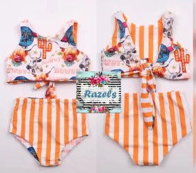 Highland Cow HIGH WAISTED REVERSIBLE Swimsuit, Cow Girl Swimming Suit