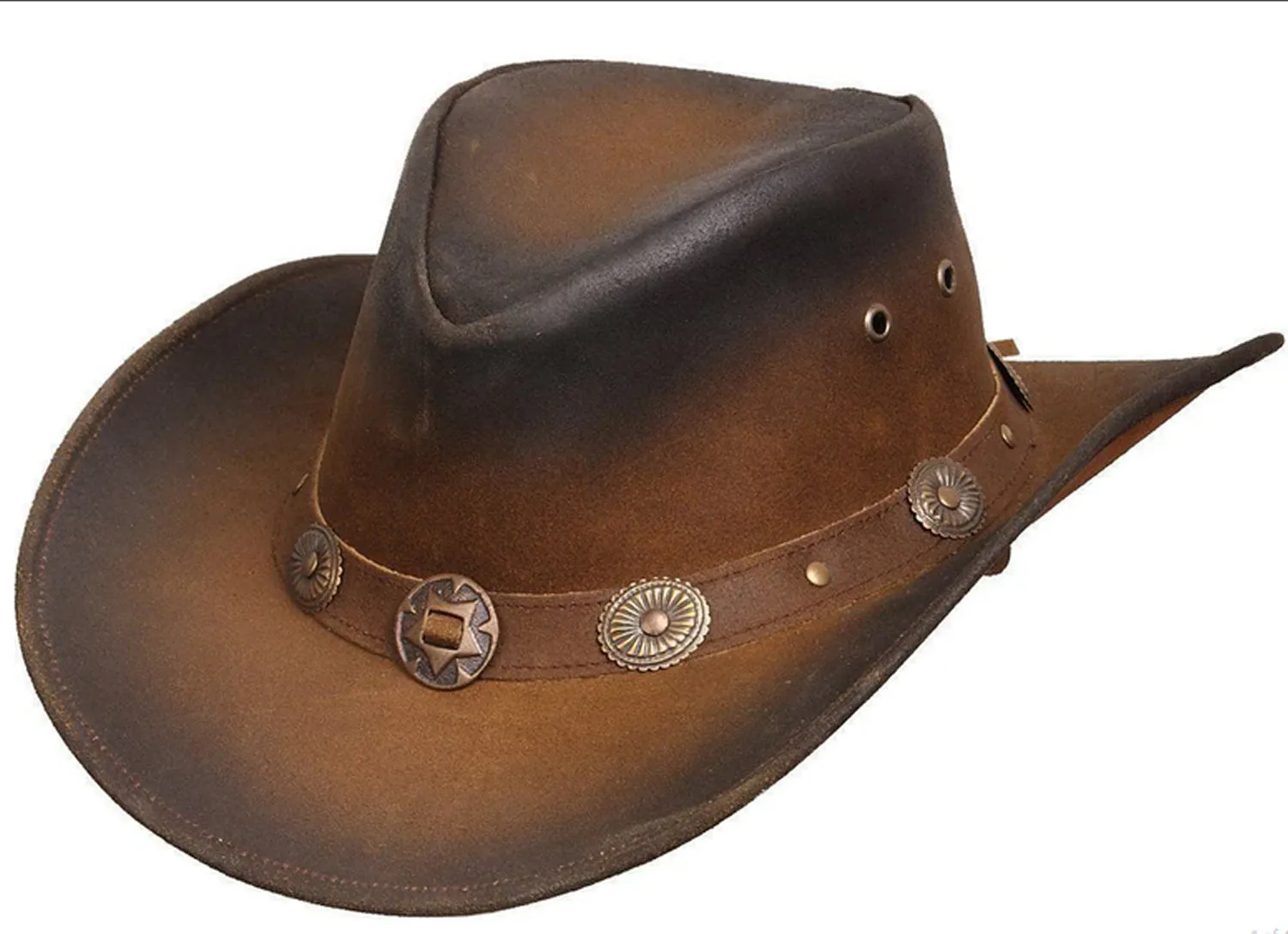 HL80123BRN2TON Cowboy Western Aussie Style Leather Hat Choncos Two Tone
