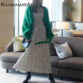 Joskaa Christmas Gift Kuzuwata 2024 Autumn Winter New Women Robes Japanese Temperament Sweet Vestidos Love Printed Drawstring Slim Waist Dresses
