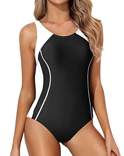 Keyhole Splicing Athletic One Piece Swimsuits-Black And White