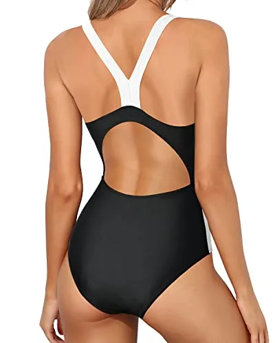 Keyhole Splicing Athletic One Piece Swimsuits-Black And White
