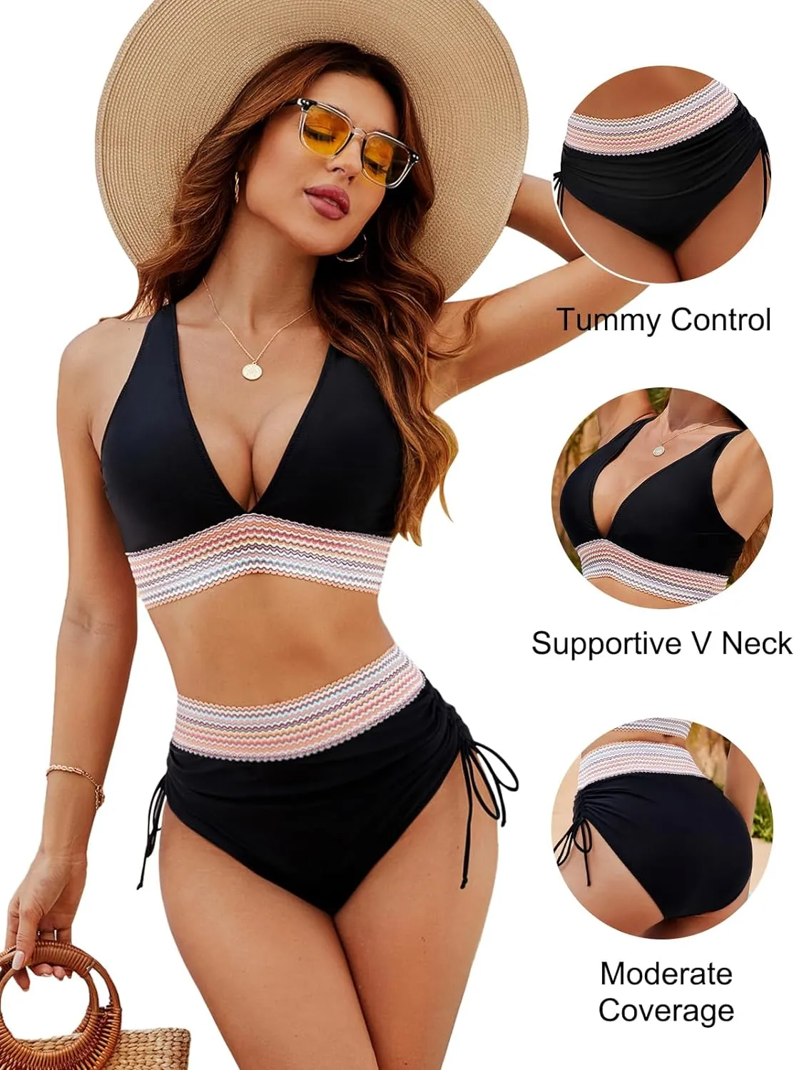 LilyLove® High Waisted Tummy Control Color Block Bikini Sets
