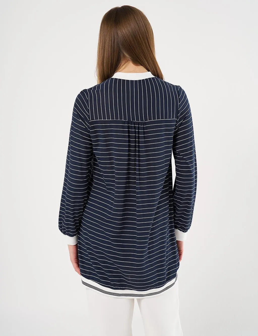 Line Patterned Tunic with Flap Pockets Navy Blue