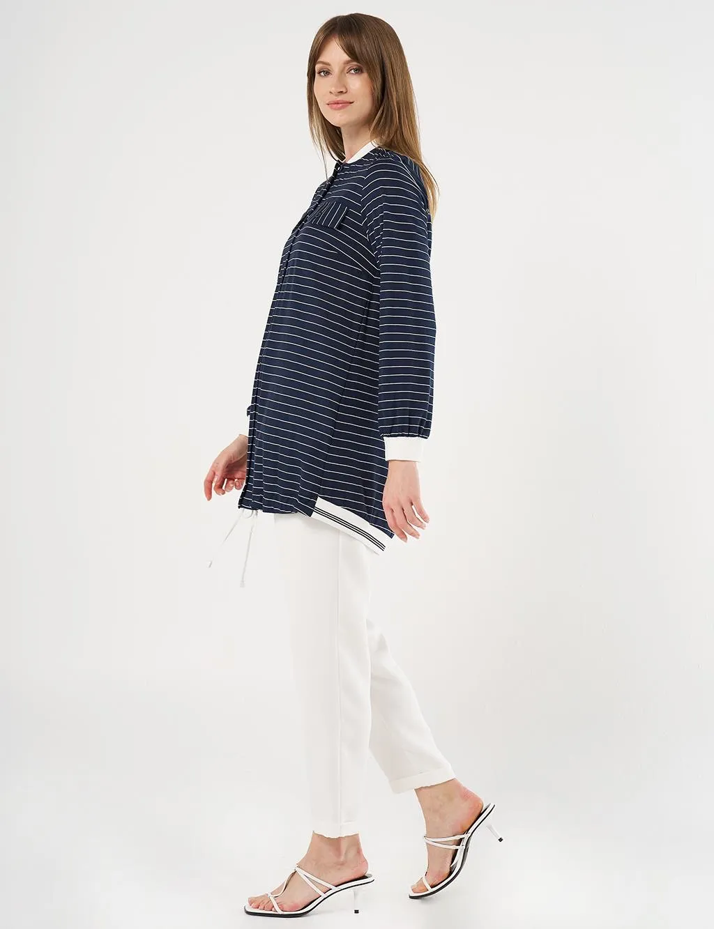 Line Patterned Tunic with Flap Pockets Navy Blue