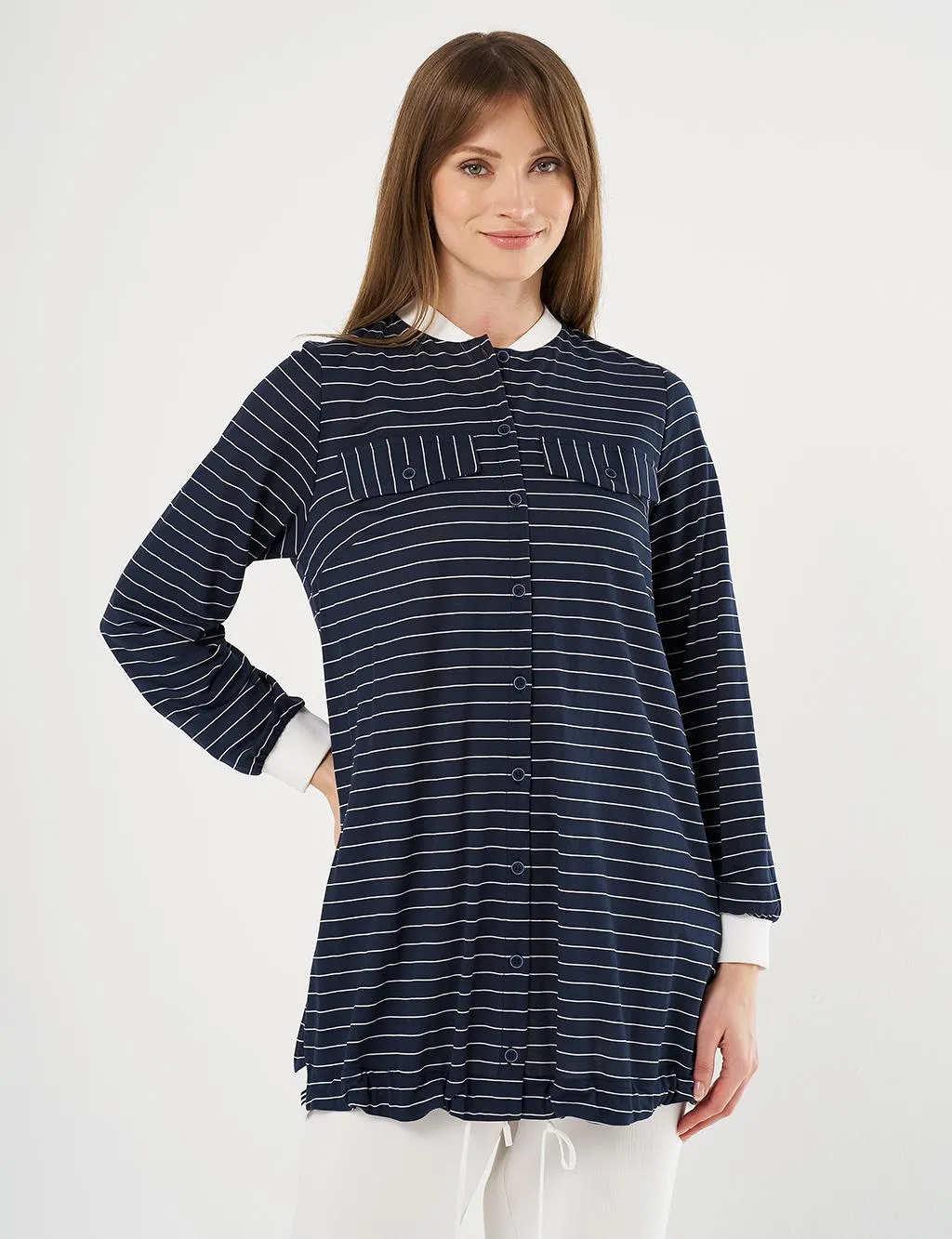 Line Patterned Tunic with Flap Pockets Navy Blue