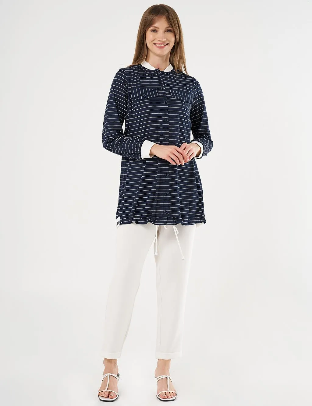 Line Patterned Tunic with Flap Pockets Navy Blue