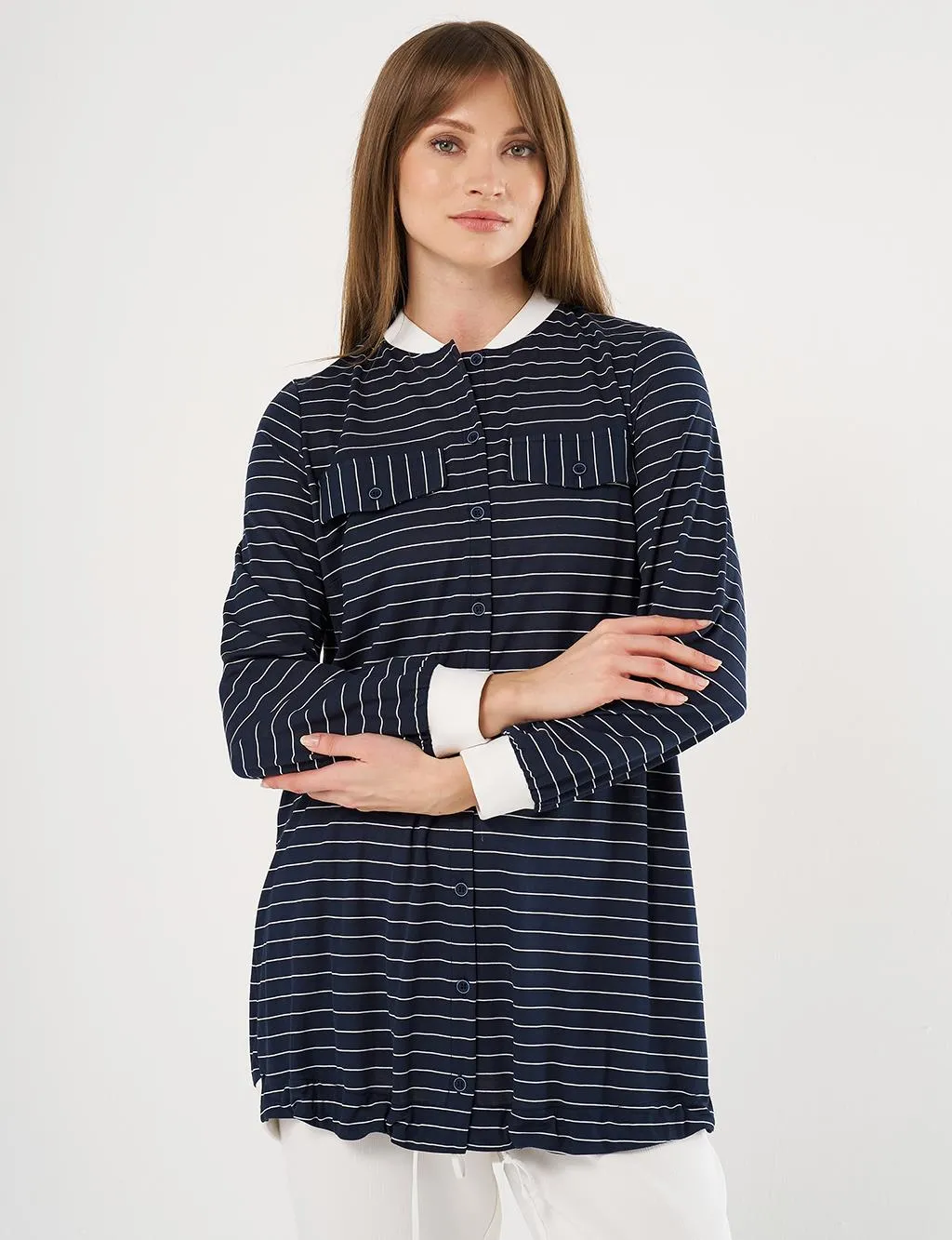 Line Patterned Tunic with Flap Pockets Navy Blue