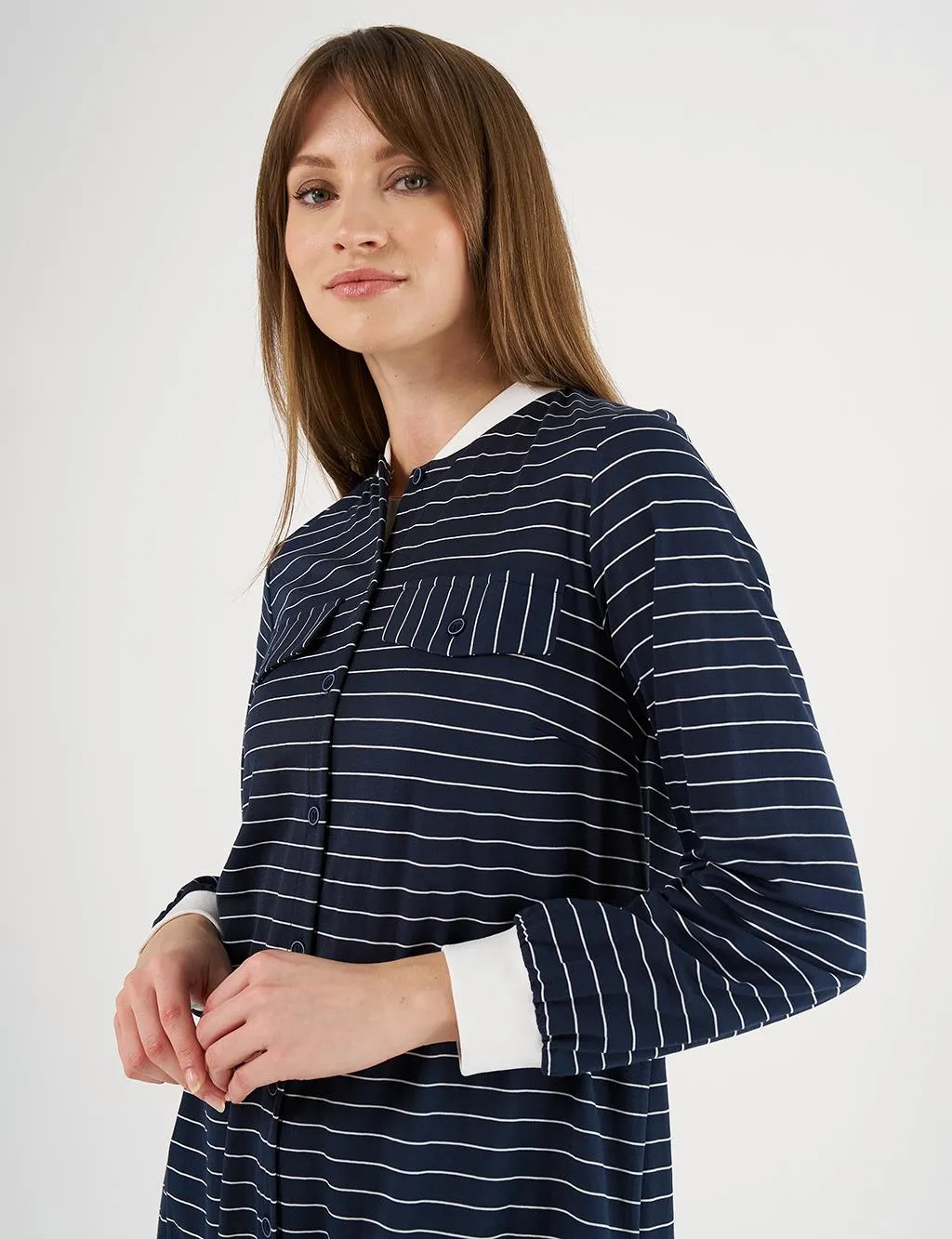 Line Patterned Tunic with Flap Pockets Navy Blue
