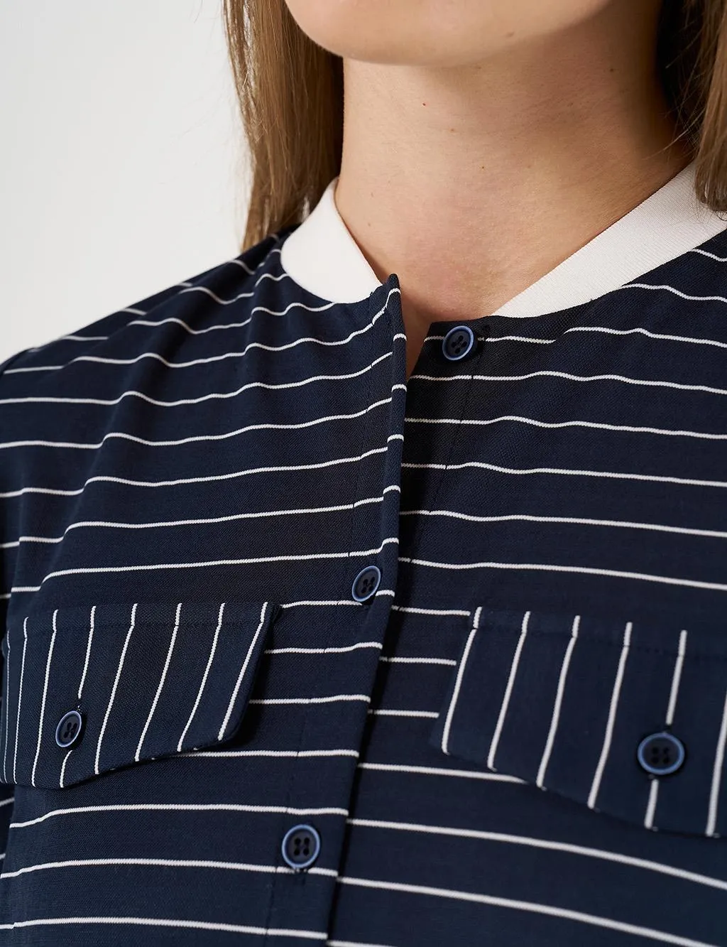 Line Patterned Tunic with Flap Pockets Navy Blue