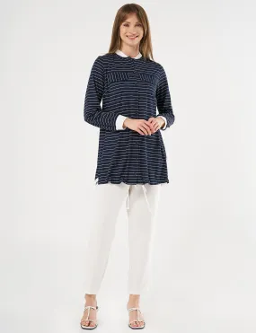 Line Patterned Tunic with Flap Pockets Navy Blue