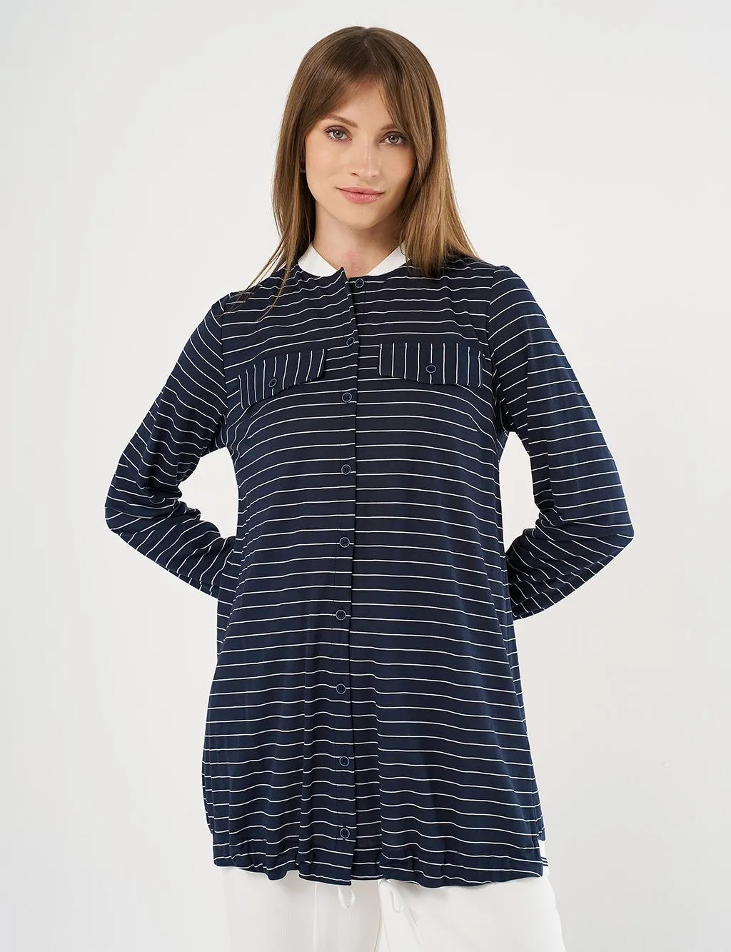Line Patterned Tunic with Flap Pockets Navy Blue