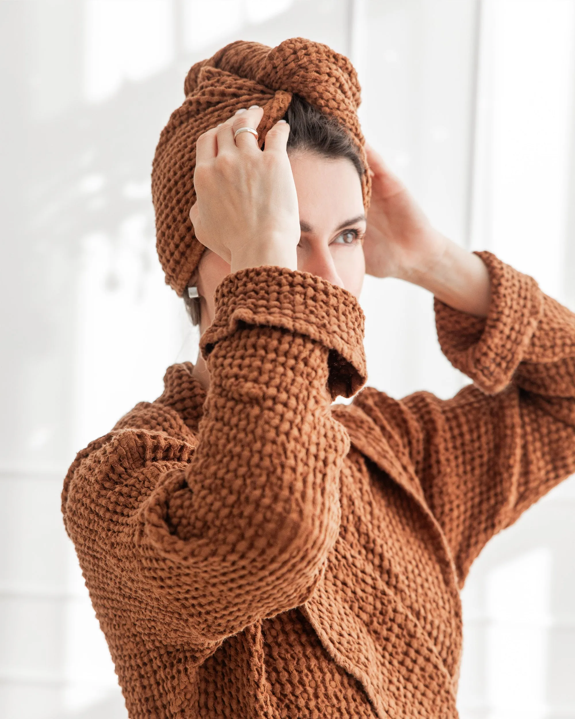 Linen hair towel turban in Cinnamon