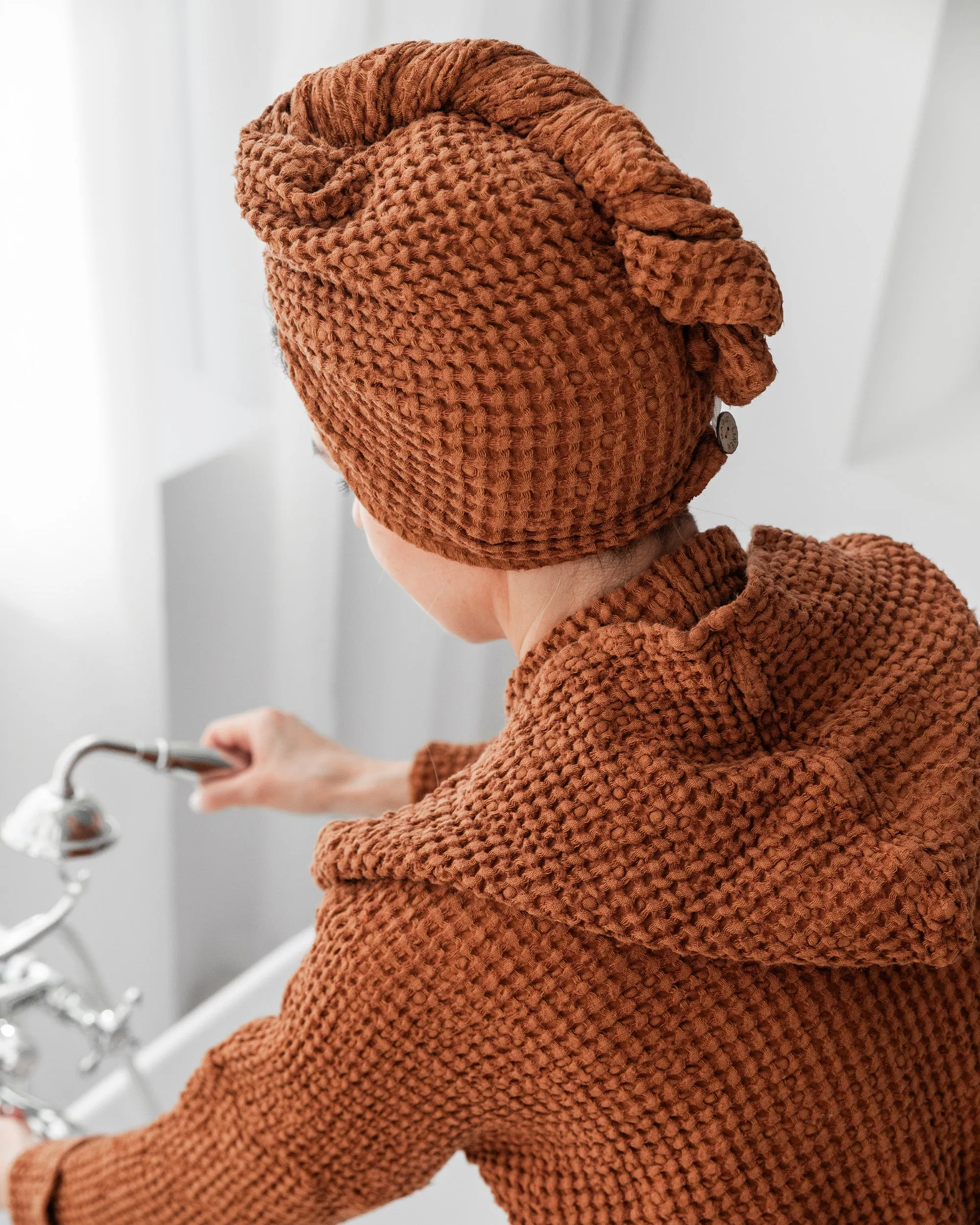 Linen hair towel turban in Cinnamon