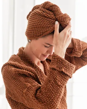 Linen hair towel turban in Cinnamon