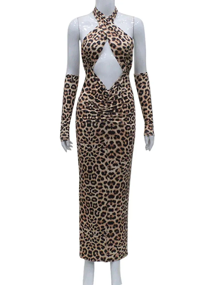 LVSANW Cnyishe Sexy Club Party Maxi Dresses Women Fashion Leopard Print Halter Hollow Out Slim Sheath Bodycon Vestidos Robes Female