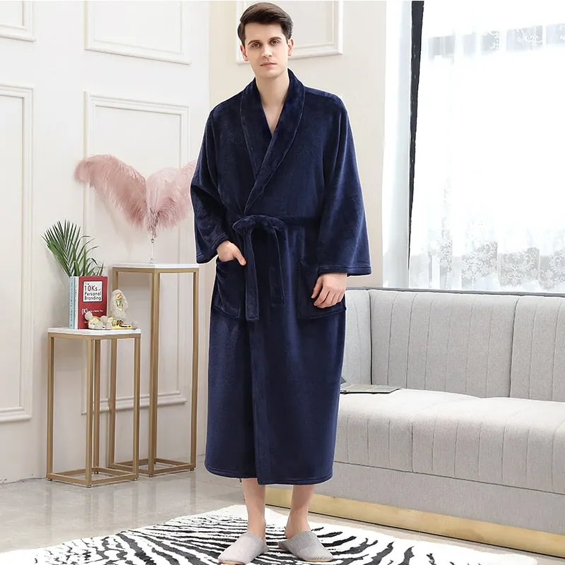 Men Winter Plaid Plus Size Long Coral Fleece Bathrobe