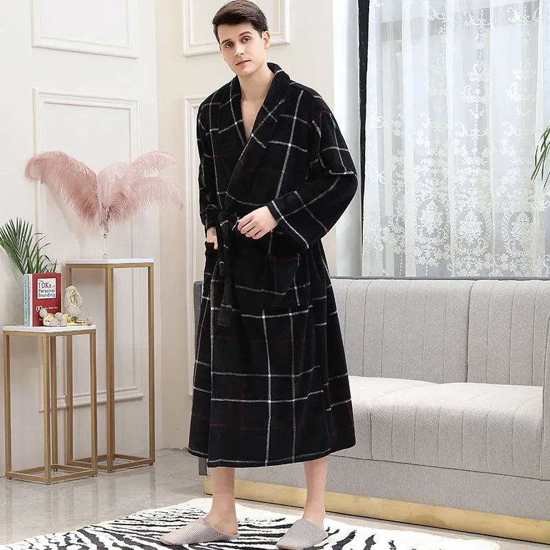 Men Winter Plaid Plus Size Long Coral Fleece Bathrobe