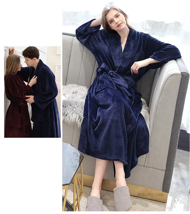 Men Winter Plaid Plus Size Long Coral Fleece Bathrobe