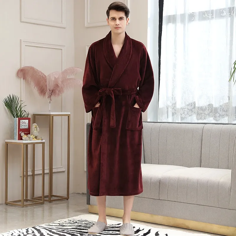 Men Winter Plaid Plus Size Long Coral Fleece Bathrobe