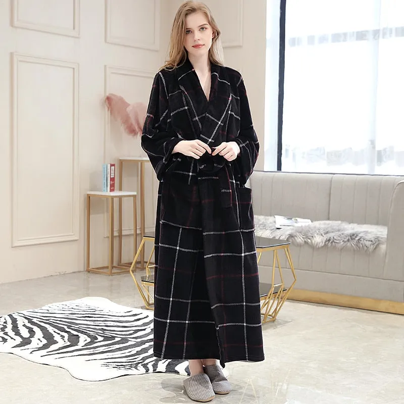 Men Winter Plaid Plus Size Long Coral Fleece Bathrobe