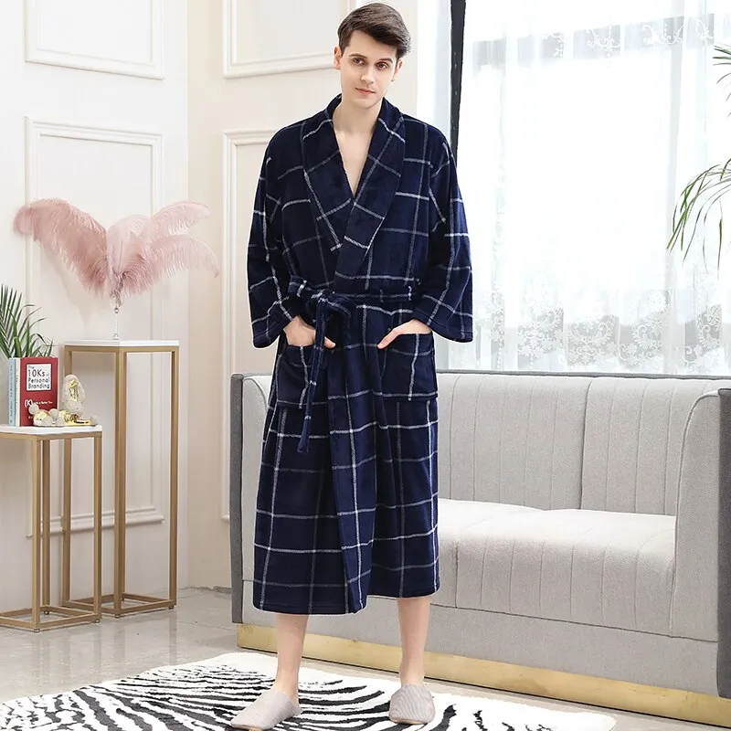Men Winter Plaid Plus Size Long Coral Fleece Bathrobe
