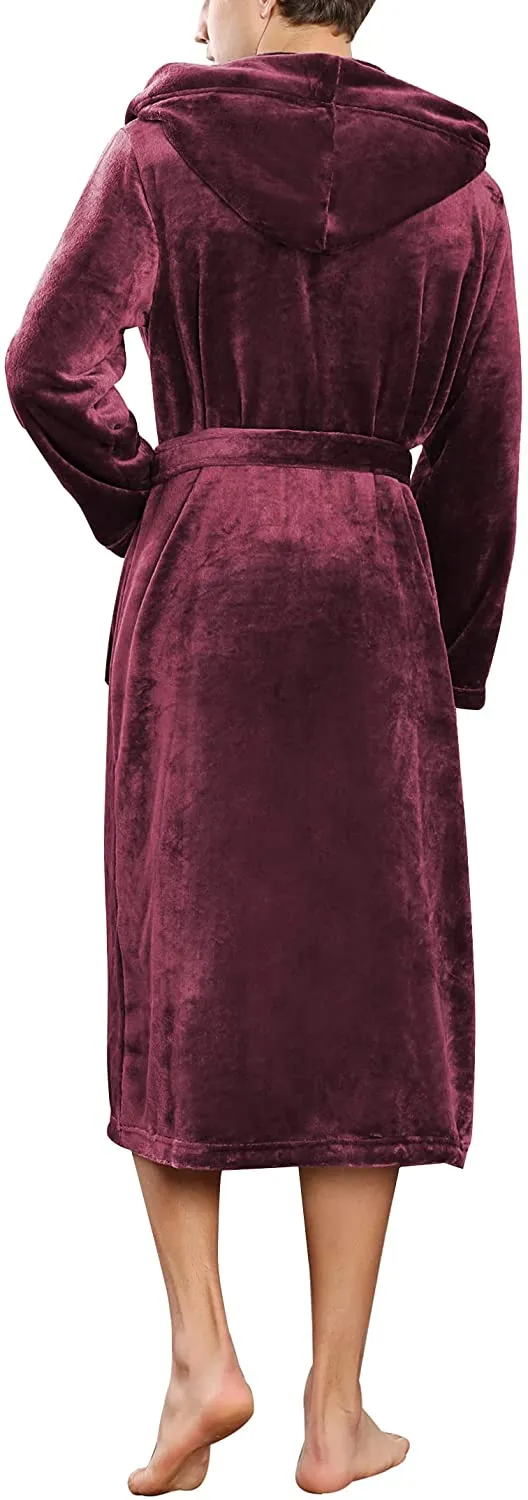 Men's Wine Red Hooded Plush Shawl Long Sleeve Robe