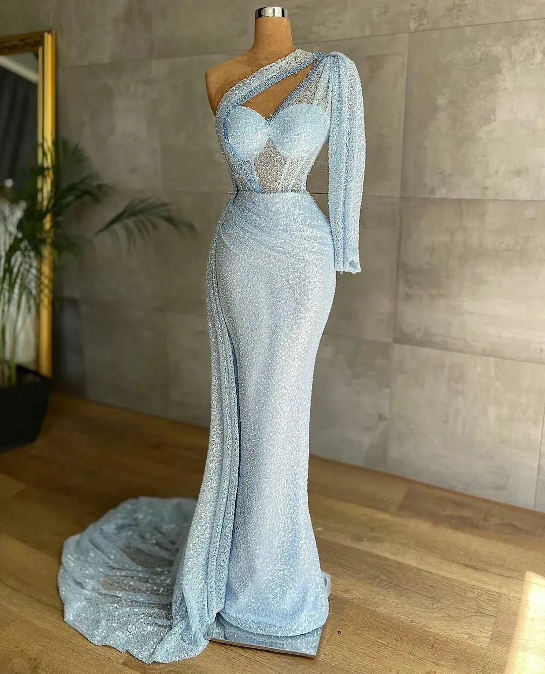 MQTIME  -  Light Blue One Shoulder Evening Dresses Sequins Long Sleeve Mermaid Prom Dress Custom Made Women Formal Robes De Soirée
