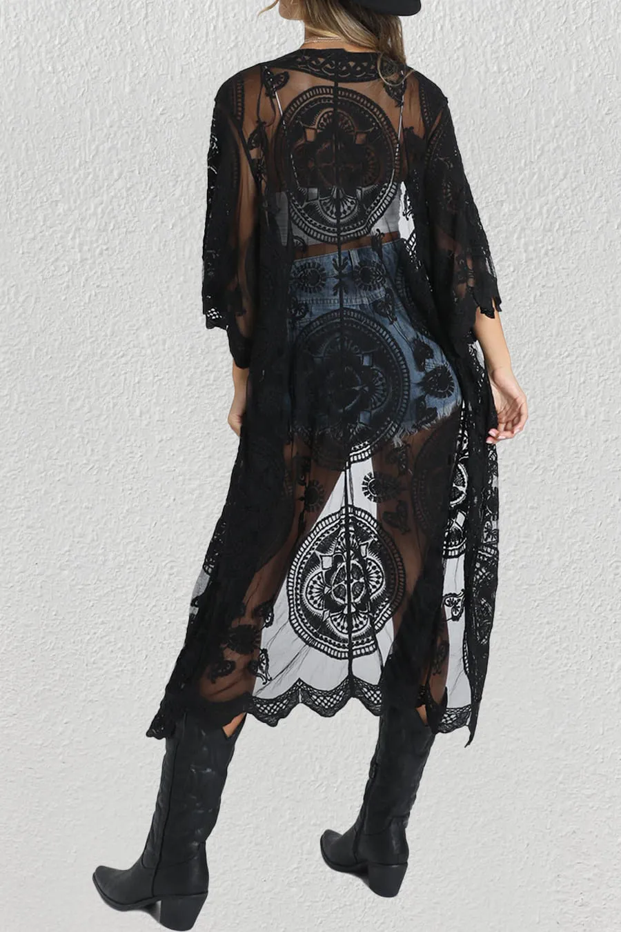 Open Front Mesh Beach Lace Duster Kimono