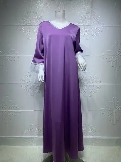 Ostritch Feather Sleeve Robes Muslim Purple Lcae Abaya Dubai Ramadan Abaya Women Muslim Dress S3007756