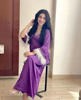 Ostritch Feather Sleeve Robes Muslim Purple Lcae Abaya Dubai Ramadan Abaya Women Muslim Dress S3007756