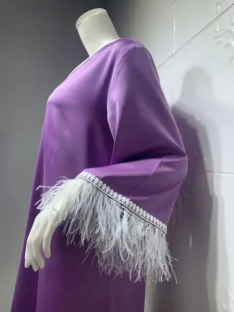 Ostritch Feather Sleeve Robes Muslim Purple Lcae Abaya Dubai Ramadan Abaya Women Muslim Dress S3007756