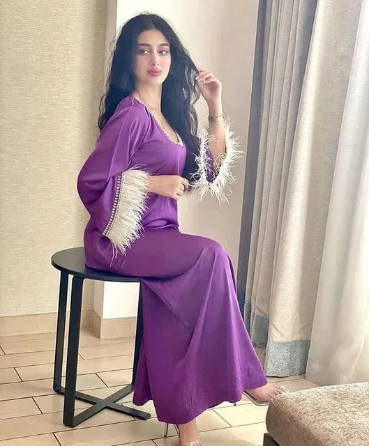 Ostritch Feather Sleeve Robes Muslim Purple Lcae Abaya Dubai Ramadan Abaya Women Muslim Dress S3007756